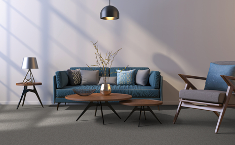 Grey Carpet in Living Room with Blue Sofa and Chair